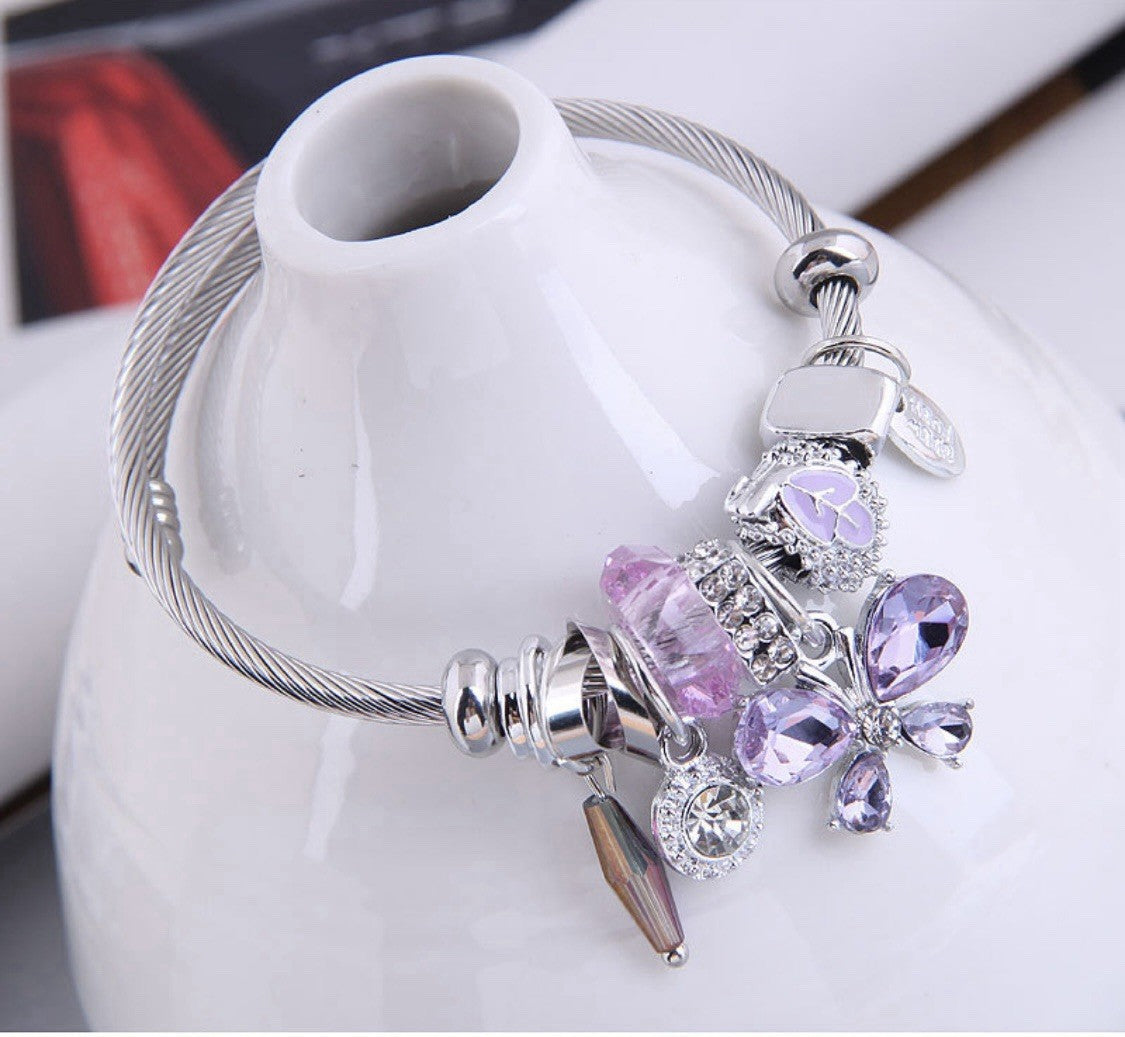 Silver Butterfly Charm Bangle Bracelet Purple Crystal Beads Adjustable