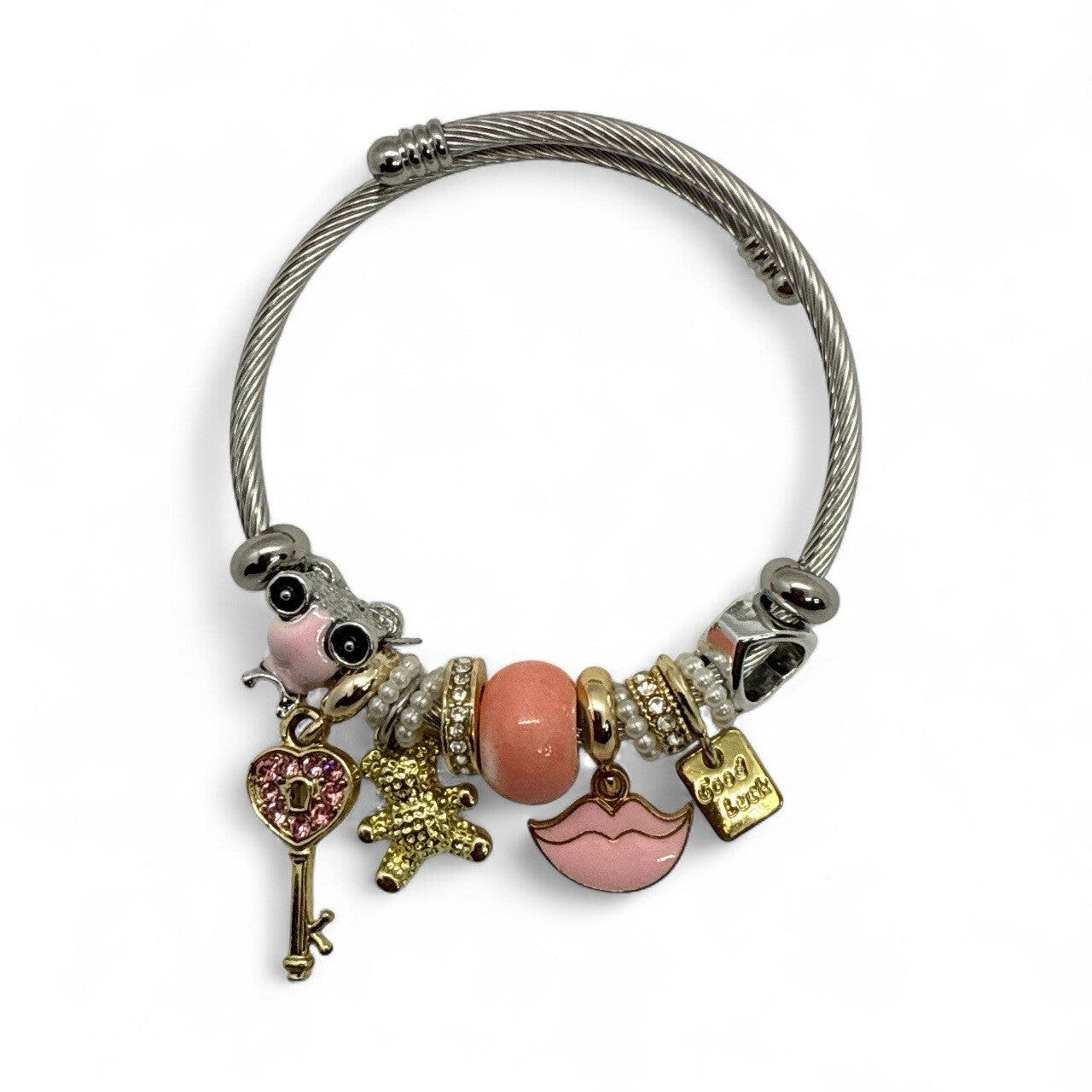 Pink Charm Cuff Bracelet Women’s Stainless Steel Beaded Lip Key Heart Good Luck