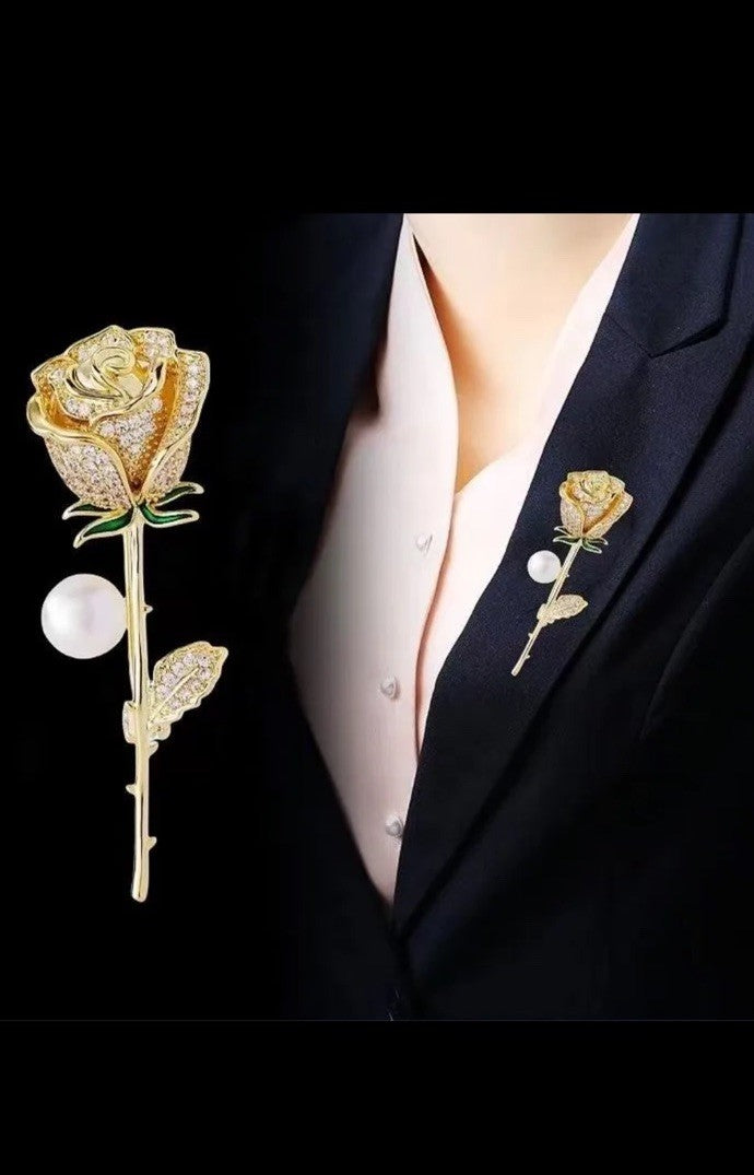 Gold Rose Brooch Pin Women’s Crystal Flower Pearl Stem Elegant Jewelry Gift