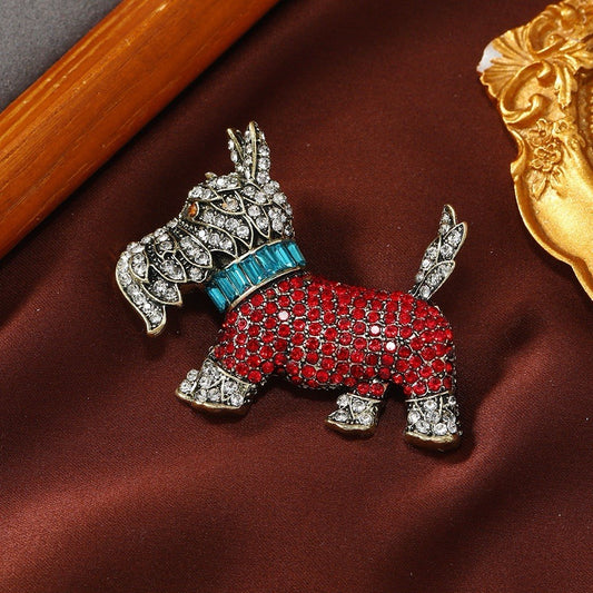 Red Rhinestone Dog Brooch Pin Crystal Terrier Gold Tone Vintage Jewelry Gift