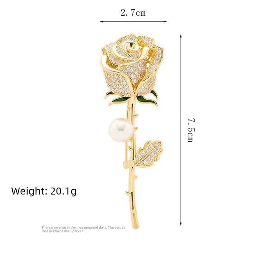 Gold Rose Brooch Pin Women’s Crystal Flower Pearl Stem Elegant Jewelry Gift