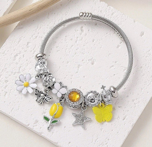 Flower Bee Butterfly Charm Bracelet Silver Alloy Bangle Yellow Boho Jewelry Gift
