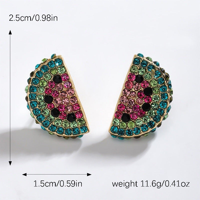 Colorful Rhinestone Watermelon Slice Stud Earrings, Multicolor Crystal Fruit