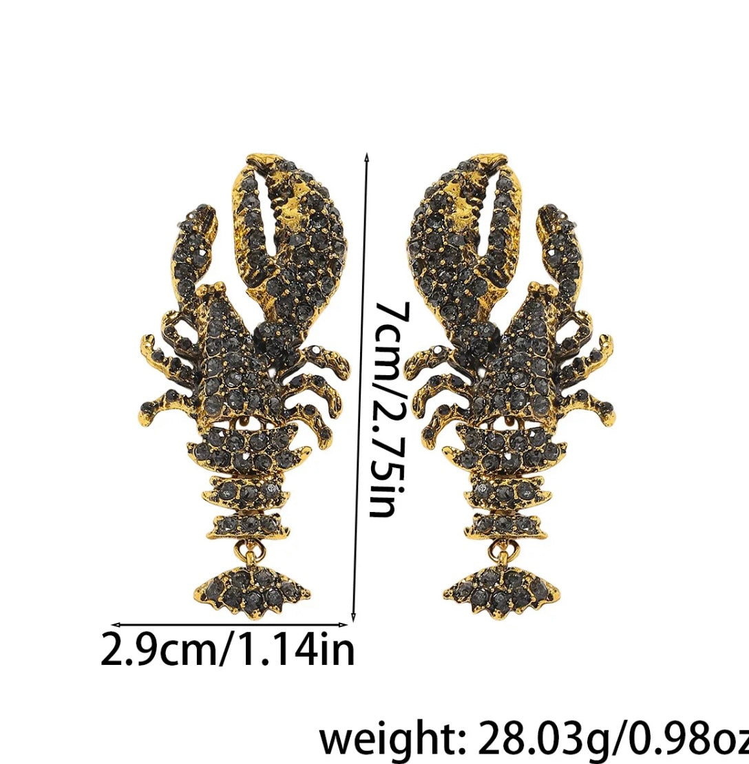 Black Crystal Lobster Statement Earrings