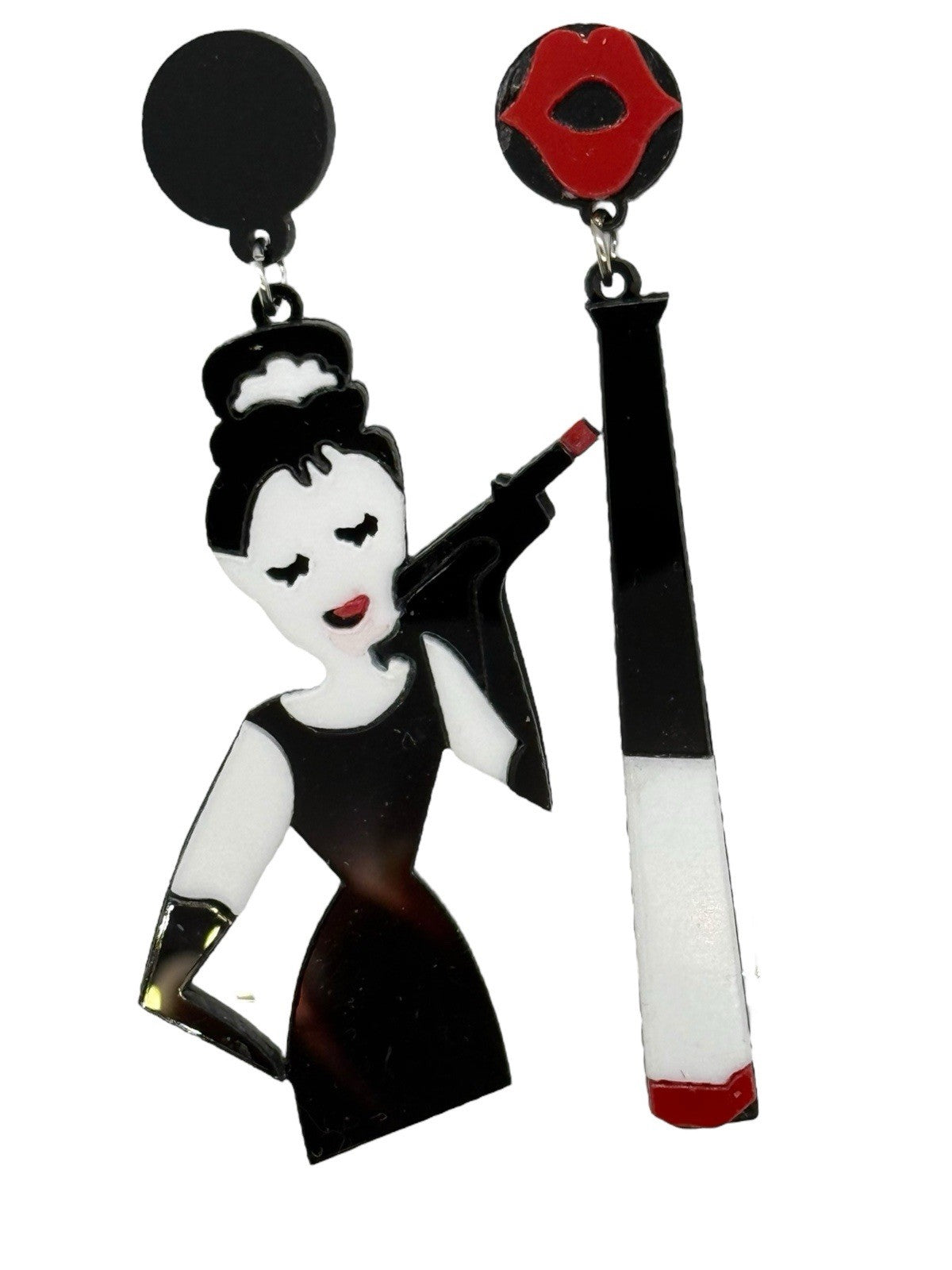 Audrey Hepburn Retro Lady & Lipstick Acrylic Drop Earrings Black White Red