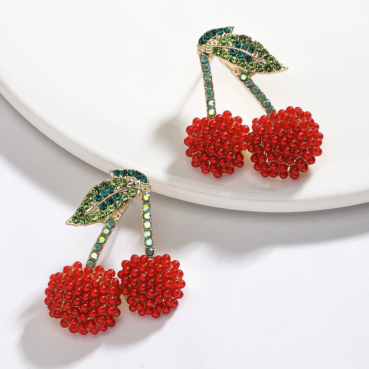 Red Beaded Cherry Statement Earrings Sparkle Rhinestone Leaf Dangle Fruit 