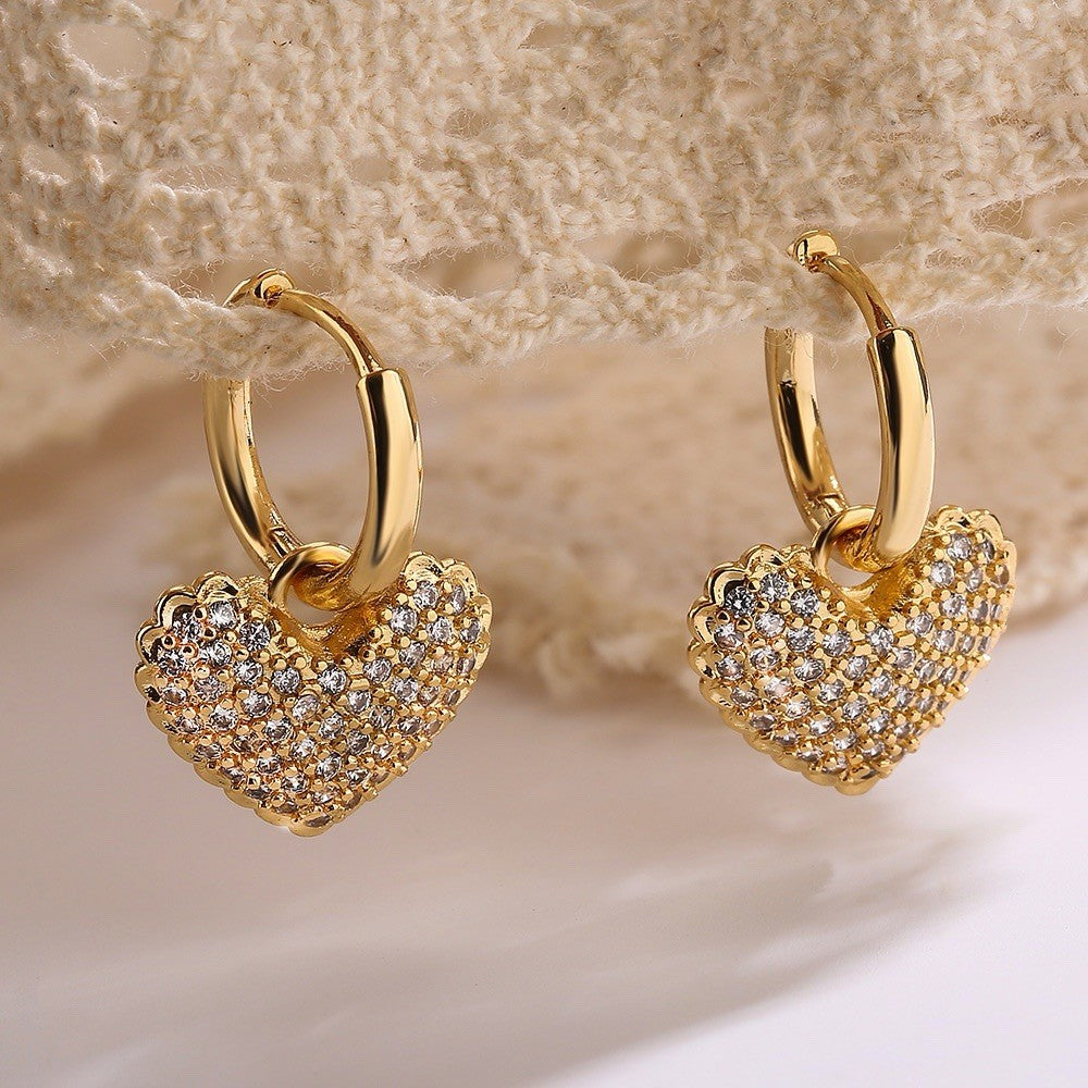 Earrings 18K Gold Plated Heart Hoop Zircon Pave Crystal Gift-Ready Jewelry
