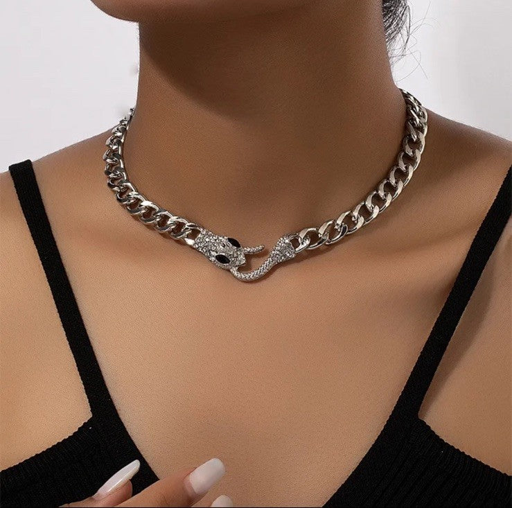 Women’s Silver Cuban Link Chain Necklace Rhinestone Snake Head Choker Style