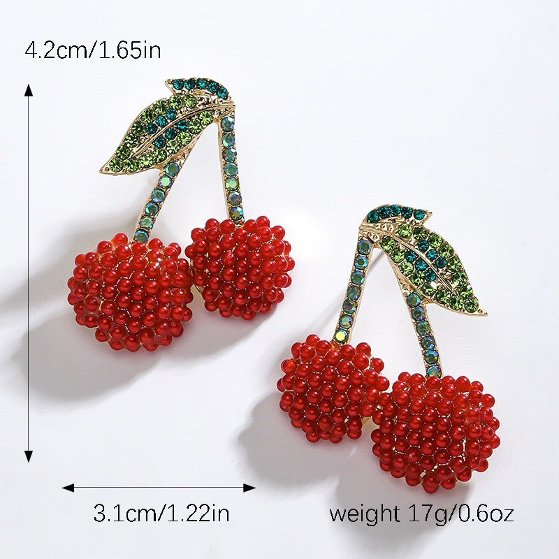 Red Beaded Cherry Statement Earrings Sparkle Rhinestone Leaf Dangle Fruit 