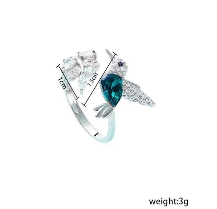 Hummingbird Ring White Gold Plated 925 Crystal Gemstone Adjustable Gift-Ready