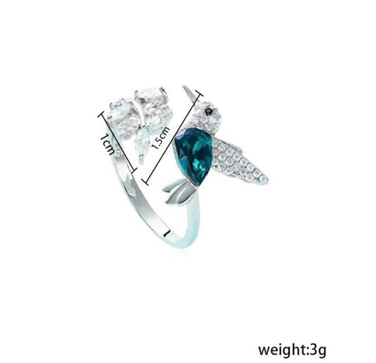 Hummingbird Ring White Gold Plated 925 Crystal Gemstone Adjustable Gift-Ready