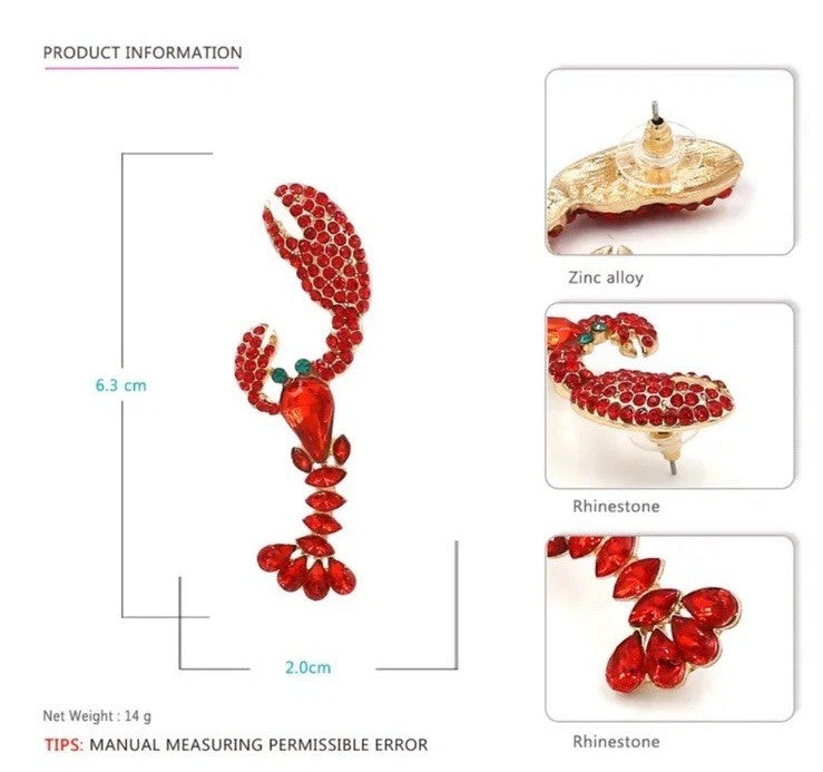 Red Lobster Rhinestone Earrings 2.5” Sparkly Crystal Statement Sea Ocean Jewelry