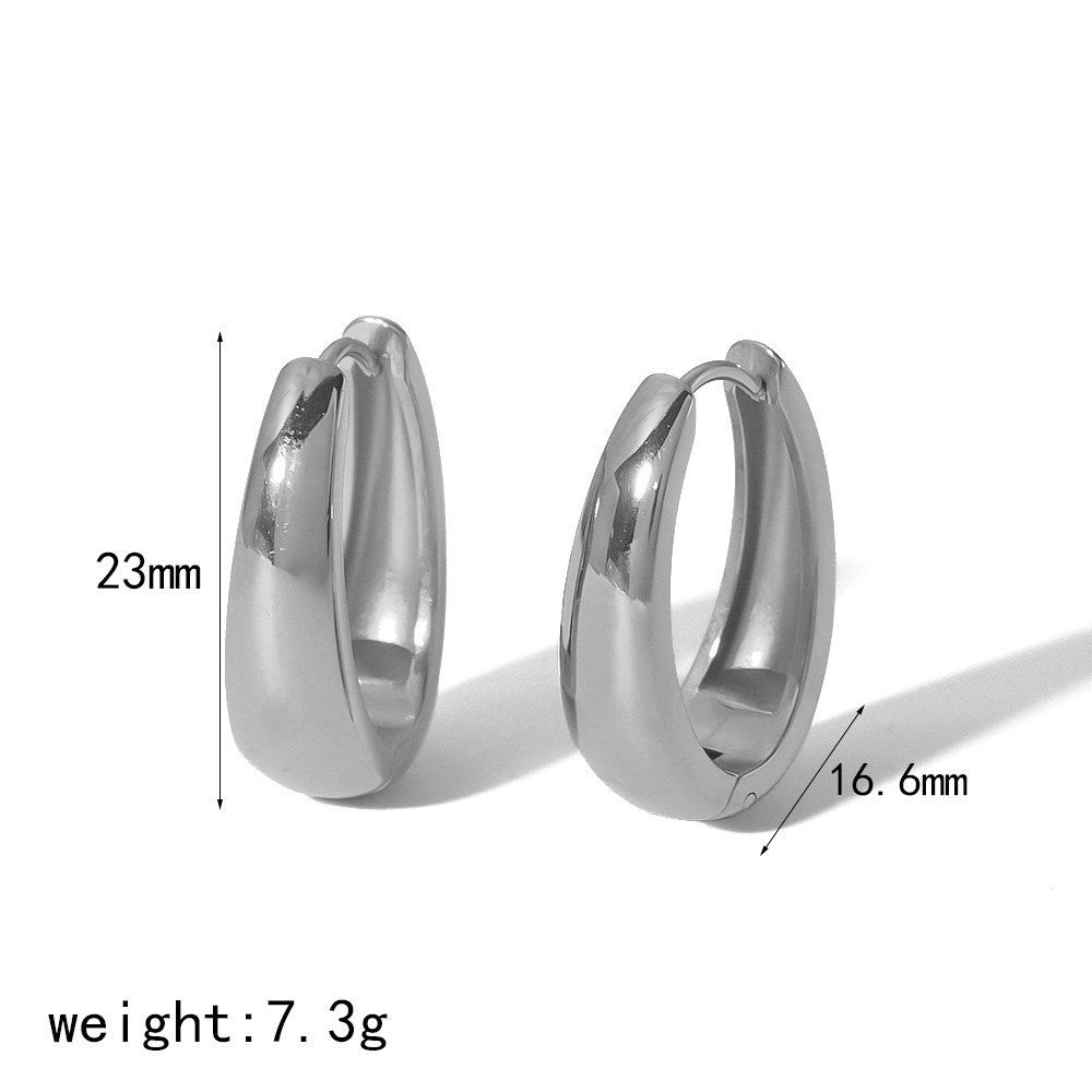 Stainless Steel Chunky Huggie Hoop Earrings Silver Oval Thick Tube 23mm