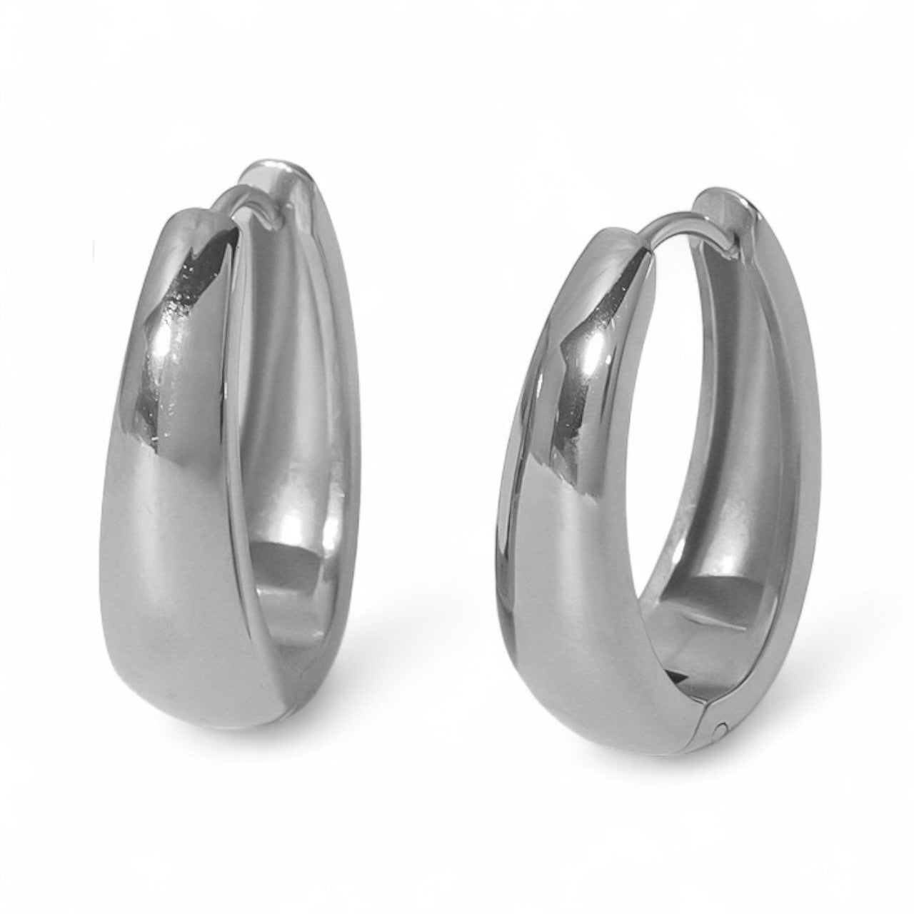Stainless Steel Chunky Huggie Hoop Earrings Silver Oval Thick Tube 23mm