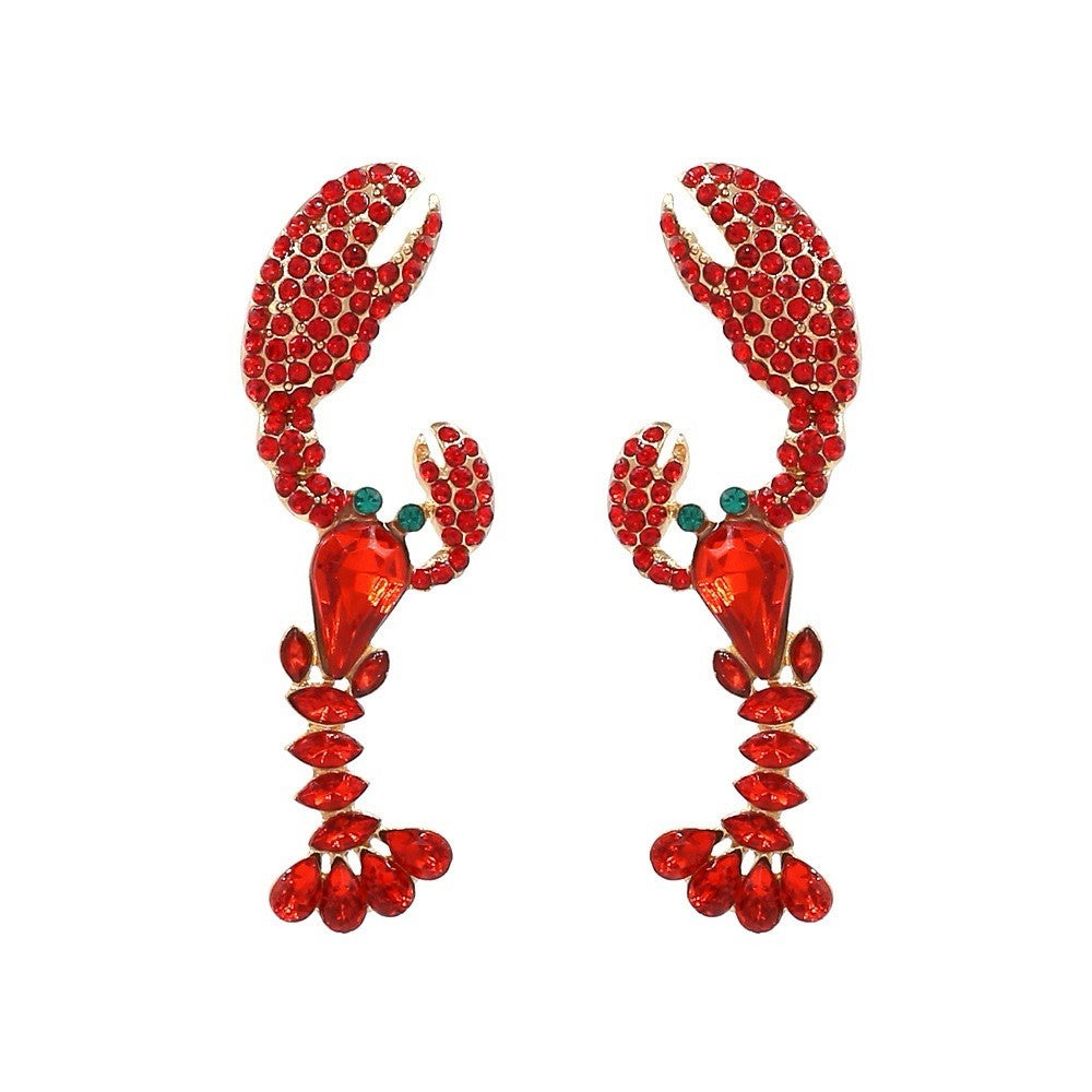 Red Lobster Rhinestone Earrings 2.5” Sparkly Crystal Statement Sea Ocean Jewelry