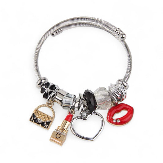 Women’s Silver Cable Charm Bracelet Red Lips Heart Lipstick Purse Beads Gift