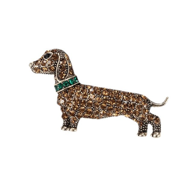 Rhinestone Dachshund Dog Brooch Pin Brown Crystal Puppy Jewelry Gift for Women