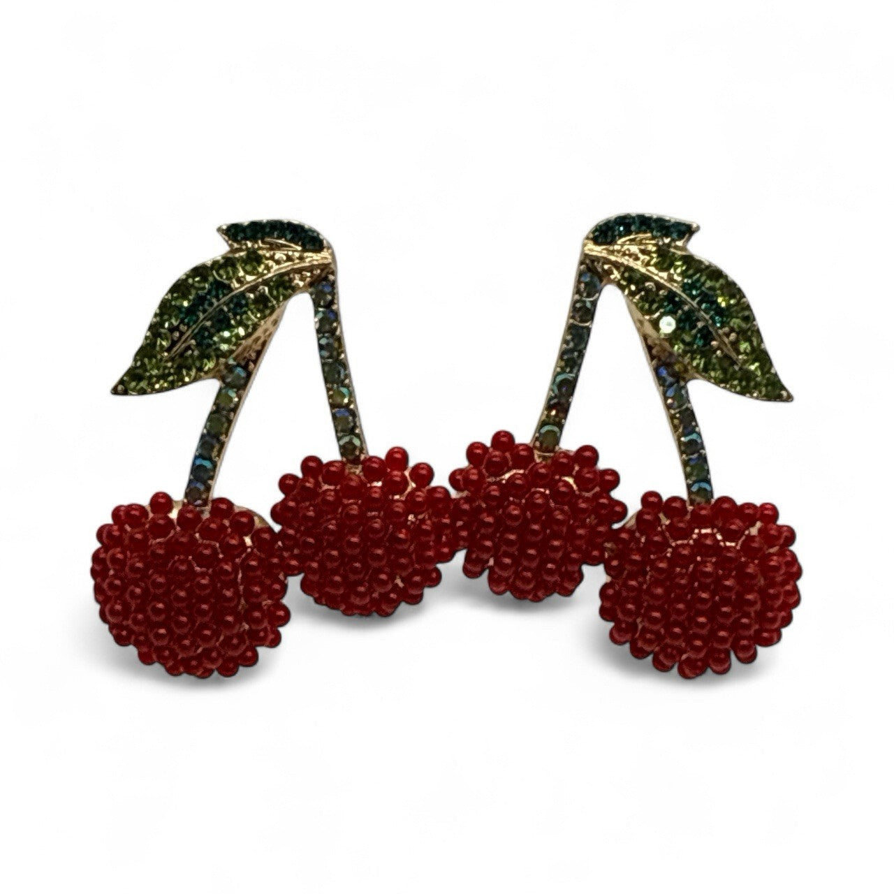 Red Beaded Cherry Statement Earrings Sparkle Rhinestone Leaf Dangle Fruit 