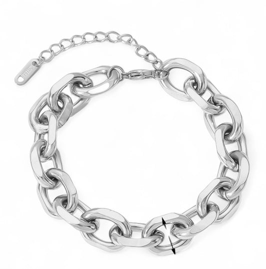 Stainless Steel Chunky Chain Bracelet Silver Cuban Link Unisex Adjustable