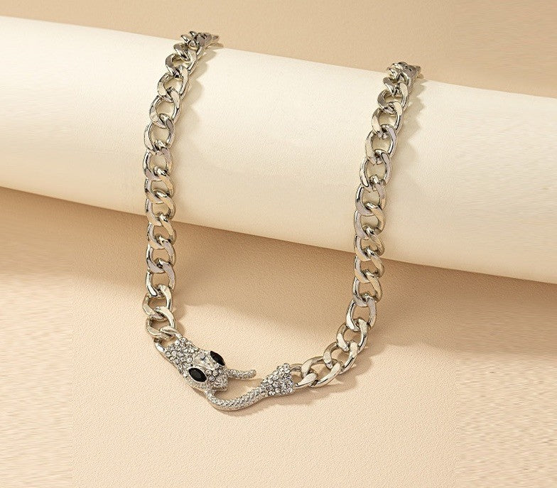 Women’s Silver Cuban Link Chain Necklace Rhinestone Snake Head Choker Style