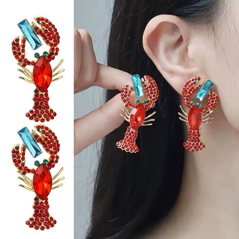 Red Lobster Crystal Rhinestone Statement Earrings Women’s Ocean Sea Jewelry 