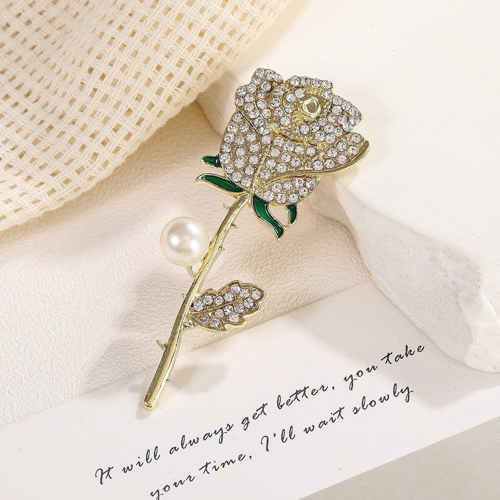 Gold Rose Brooch Pin Women’s Crystal Flower Pearl Stem Elegant Jewelry Gift