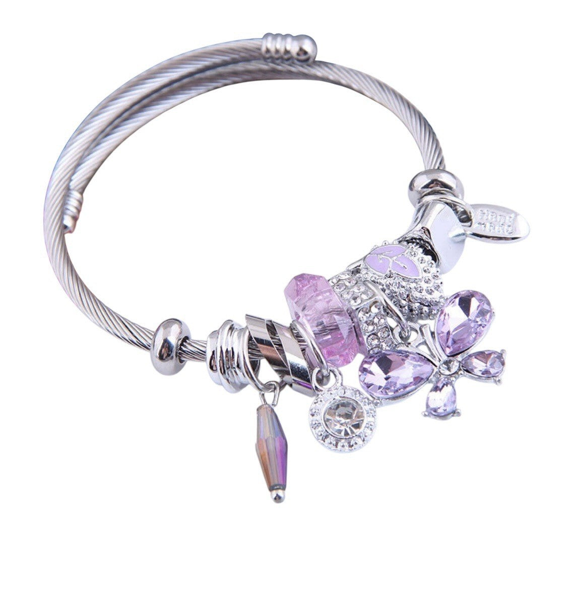 Silver Butterfly Charm Bangle Bracelet Purple Crystal Beads Adjustable