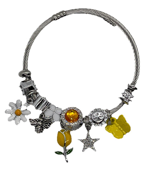 Flower Bee Butterfly Charm Bracelet Silver Alloy Bangle Yellow Boho Jewelry Gift
