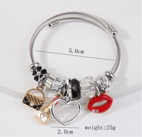 Women’s Silver Cable Charm Bracelet Red Lips Heart Lipstick Purse Beads Gift