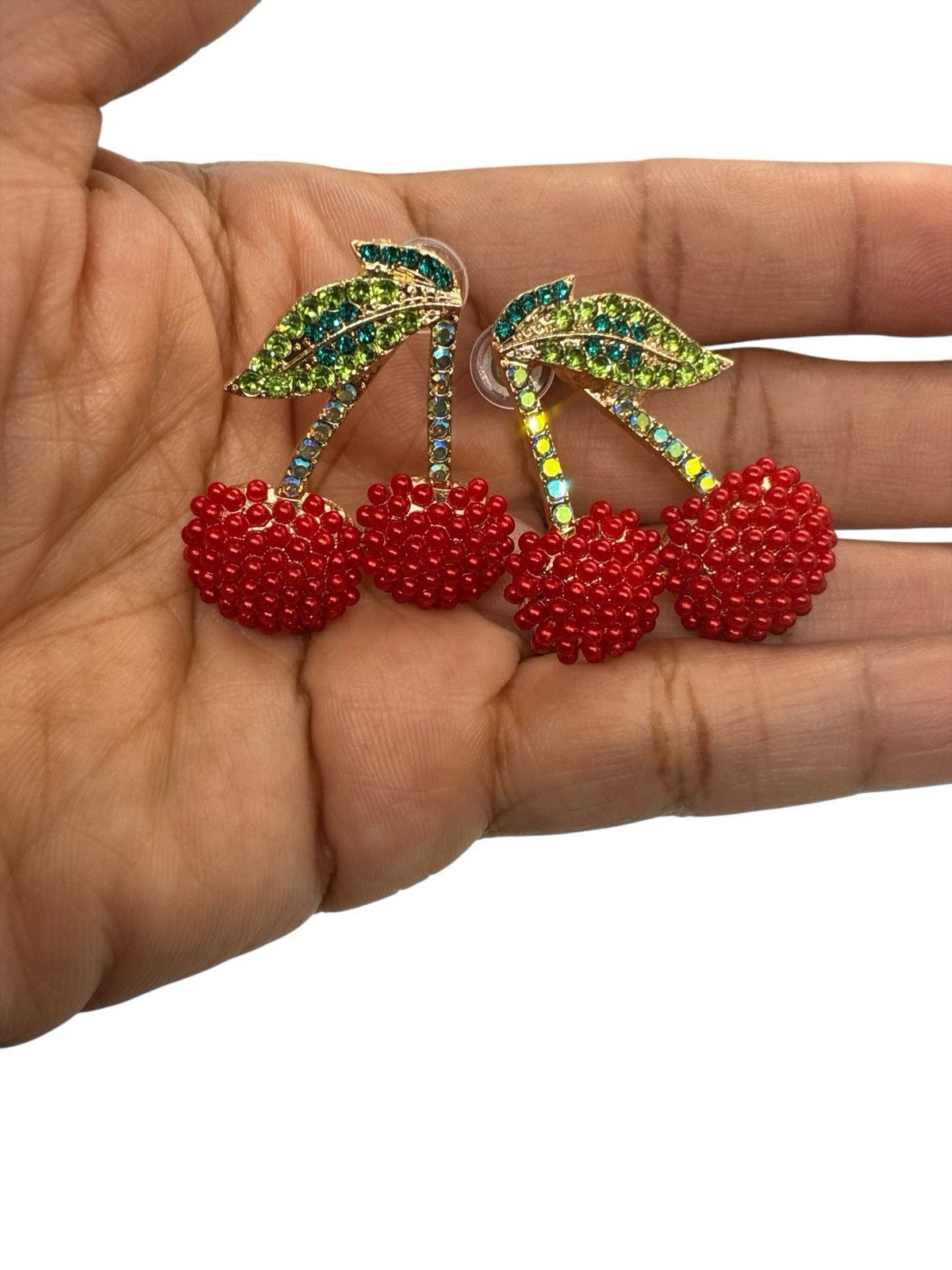 Red Beaded Cherry Statement Earrings Sparkle Rhinestone Leaf Dangle Fruit 