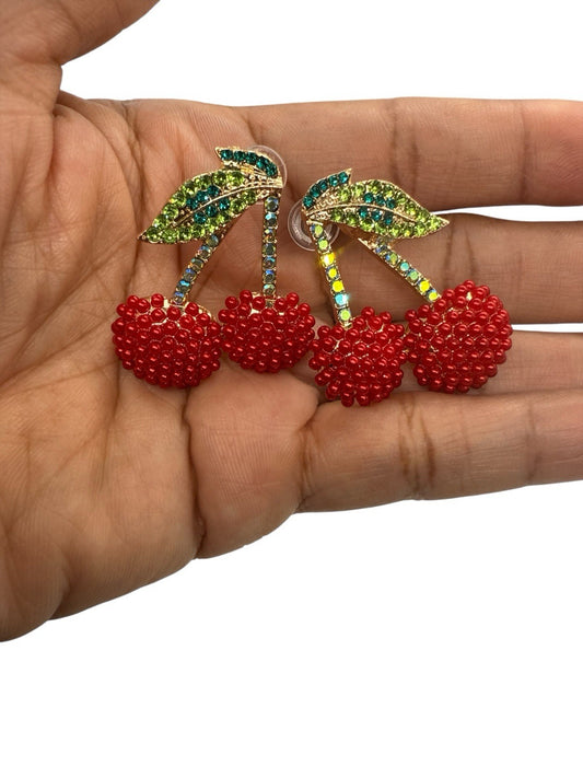 Red Beaded Cherry Statement Earrings Sparkle Rhinestone Leaf Dangle Fruit 