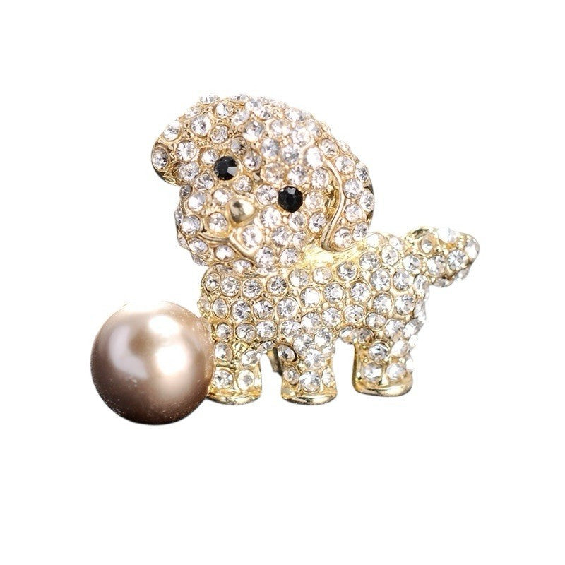 Crystal Puppy Dog Brooch Pin Gold Tone Rhinestone Pearl Accent Jewelry Gift