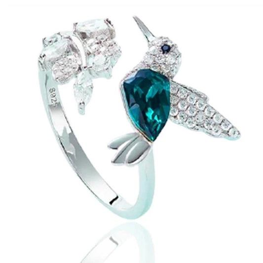 Hummingbird Ring White Gold Plated 925 Crystal Gemstone Adjustable Gift-Ready