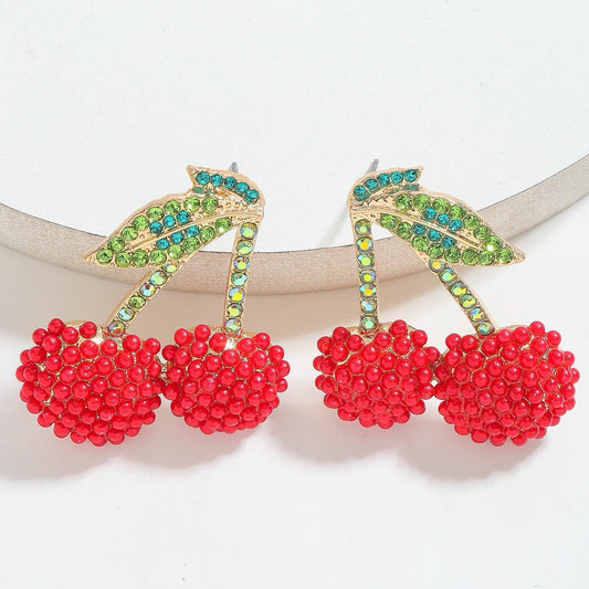 Red Beaded Cherry Statement Earrings Sparkle Rhinestone Leaf Dangle Fruit 
