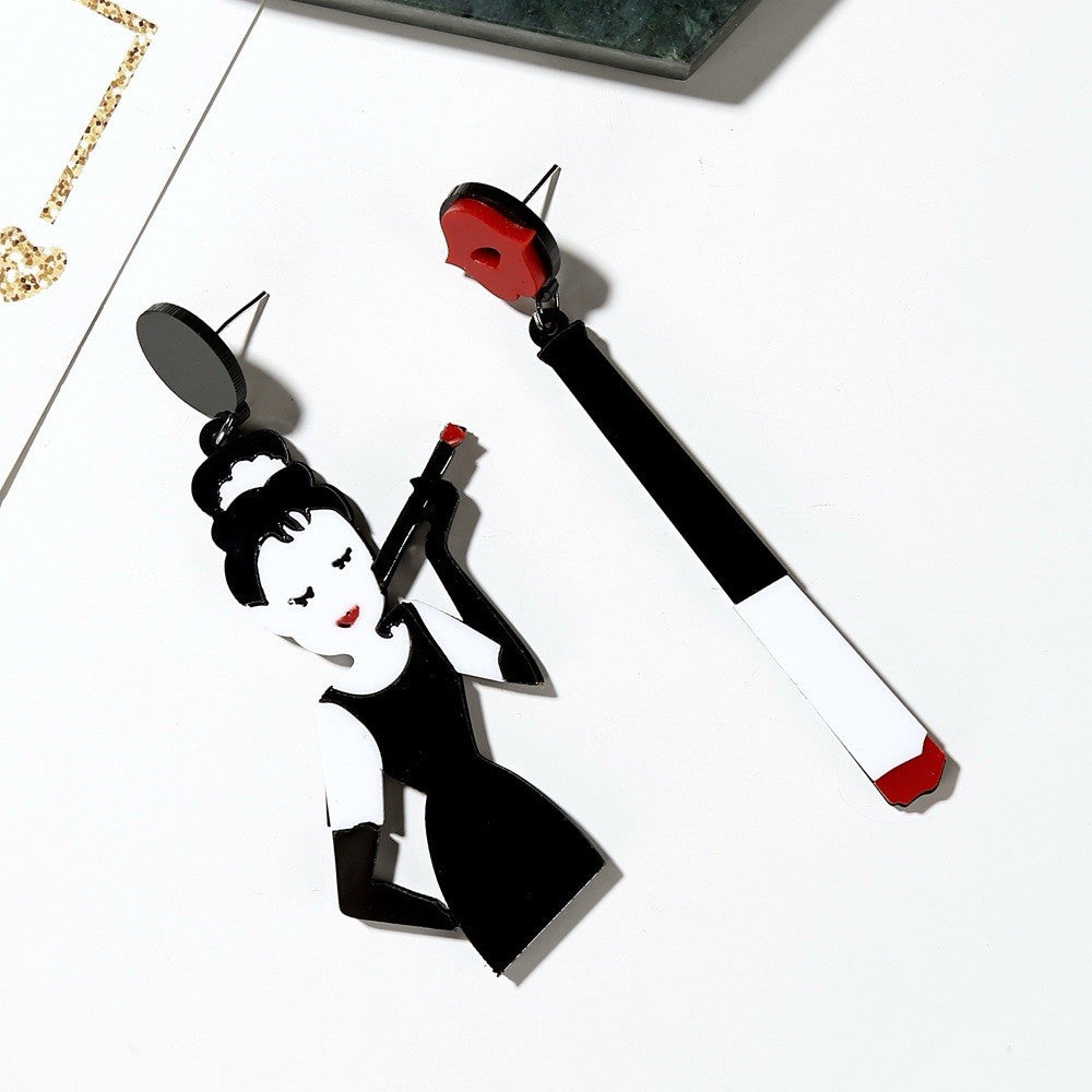 Audrey Hepburn Retro Lady & Lipstick Acrylic Drop Earrings Black White Red
