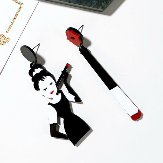 Audrey Hepburn Retro Lady & Lipstick Acrylic Drop Earrings Black White Red