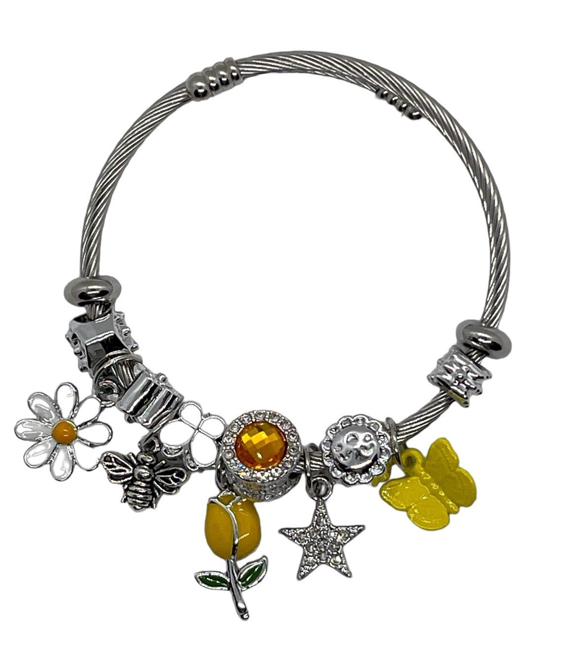 Flower Bee Butterfly Charm Bracelet Silver Alloy Bangle Yellow Boho Jewelry Gift