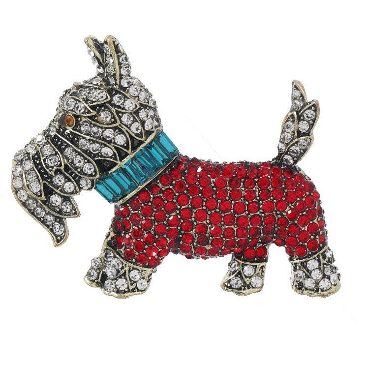 Red Rhinestone Dog Brooch Pin Crystal Terrier Gold Tone Vintage Jewelry Gift