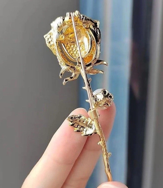 Gold Rose Brooch Pin Women’s Crystal Flower Pearl Stem Elegant Jewelry Gift