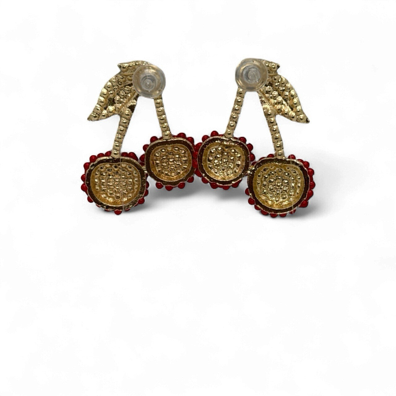 Red Beaded Cherry Statement Earrings Sparkle Rhinestone Leaf Dangle Fruit 