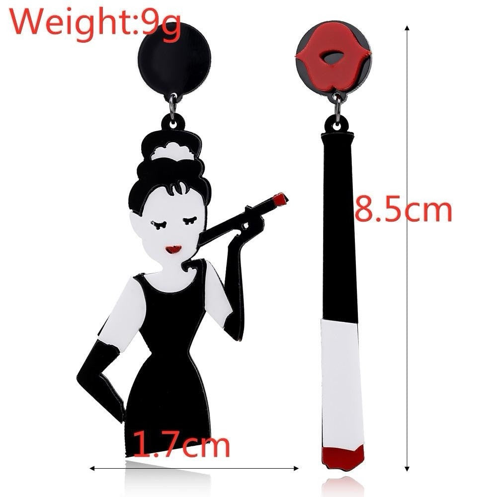 Audrey Hepburn Retro Lady & Lipstick Acrylic Drop Earrings Black White Red
