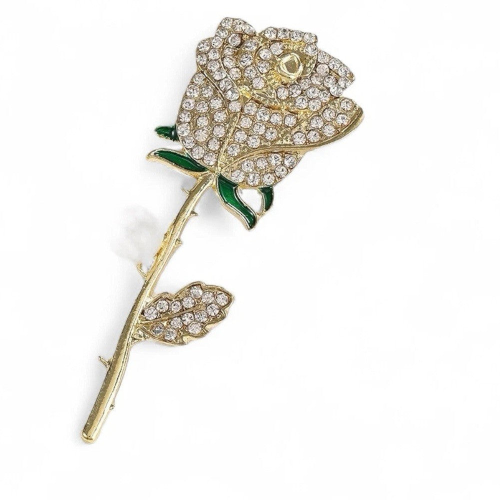 Gold Rose Brooch Pin Women’s Crystal Flower Pearl Stem Elegant Jewelry Gift