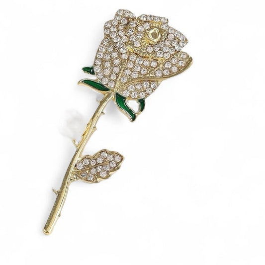 Gold Rose Brooch Pin Women’s Crystal Flower Pearl Stem Elegant Jewelry Gift