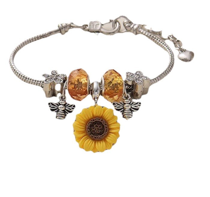 Sunflower Bee Charm Bracelet Silver Alloy Rhinestone Bangle Boho Jewelry Gift
