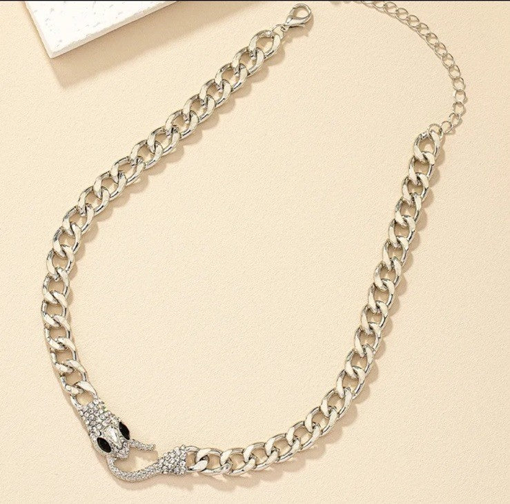 Women’s Silver Cuban Link Chain Necklace Rhinestone Snake Head Choker Style