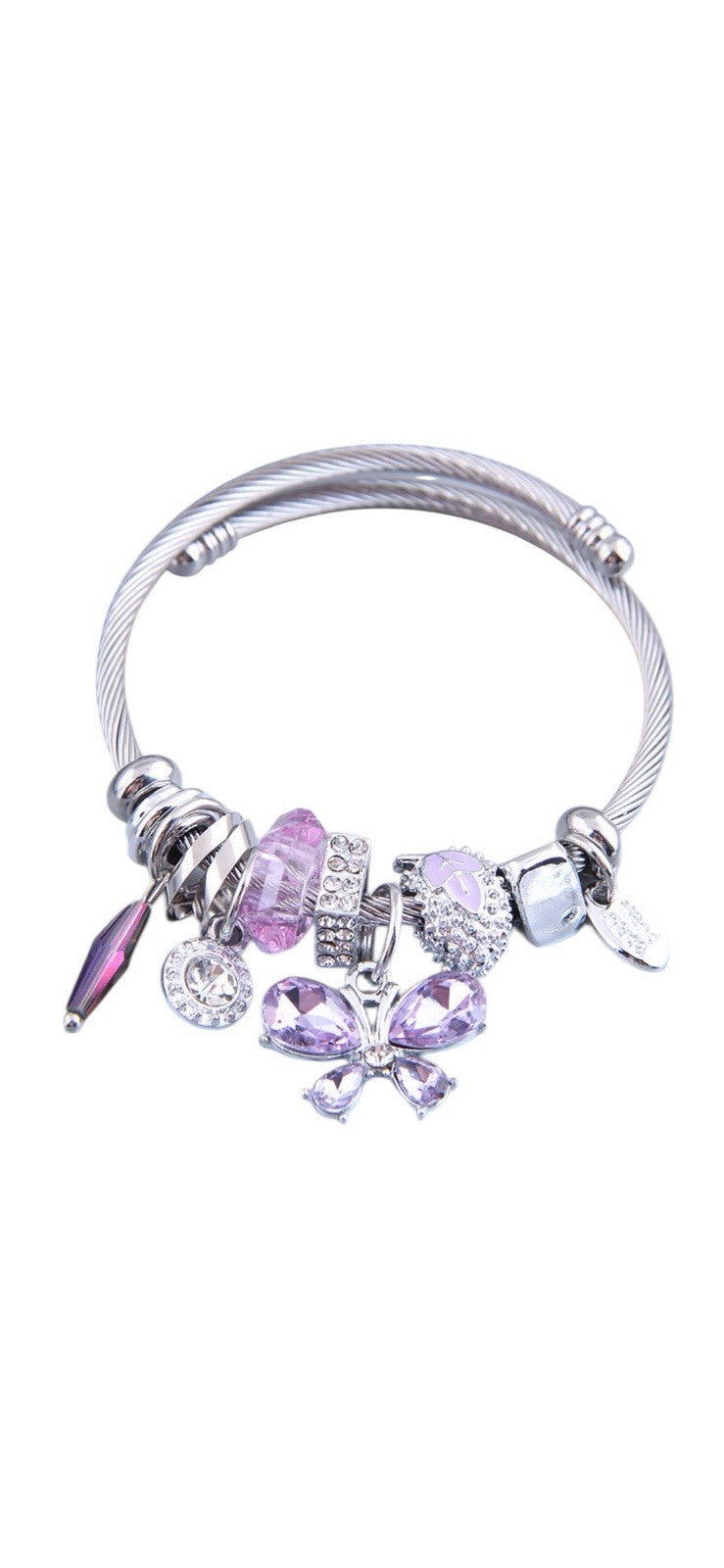 Silver Butterfly Charm Bangle Bracelet Purple Crystal Beads Adjustable