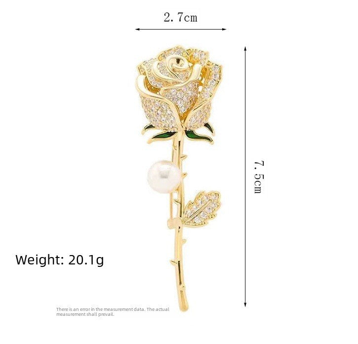 Gold Rose Brooch Pin Women’s Crystal Flower Pearl Stem Elegant Jewelry Gift