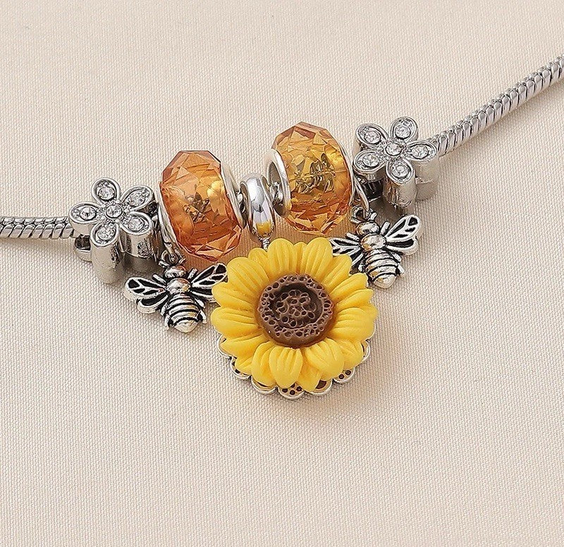 Sunflower Bee Charm Bracelet Silver Alloy Rhinestone Bangle Boho Jewelry Gift