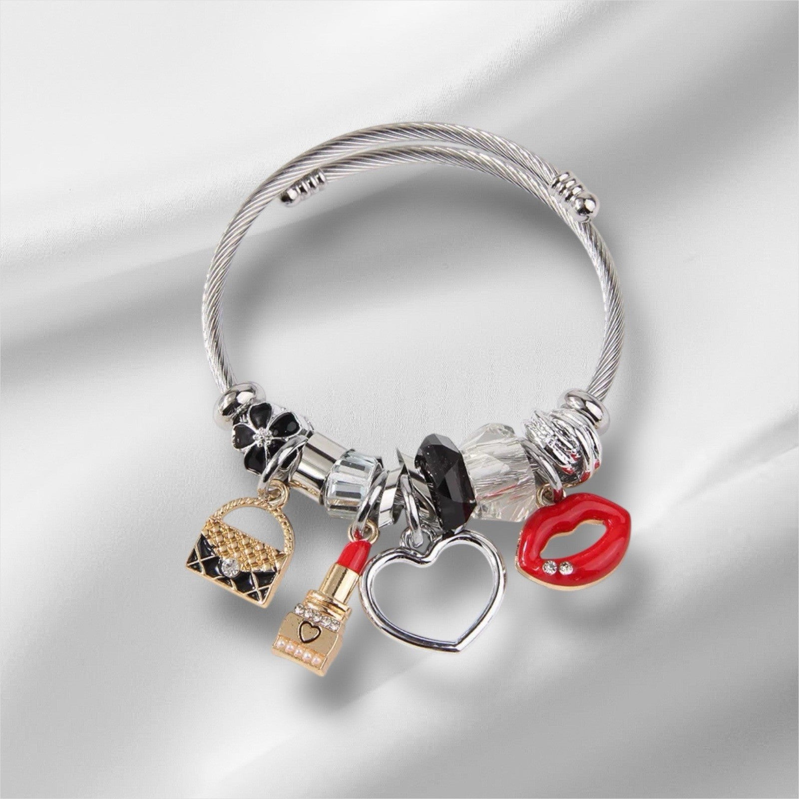 Women’s Silver Cable Charm Bracelet Red Lips Heart Lipstick Purse Beads Gift