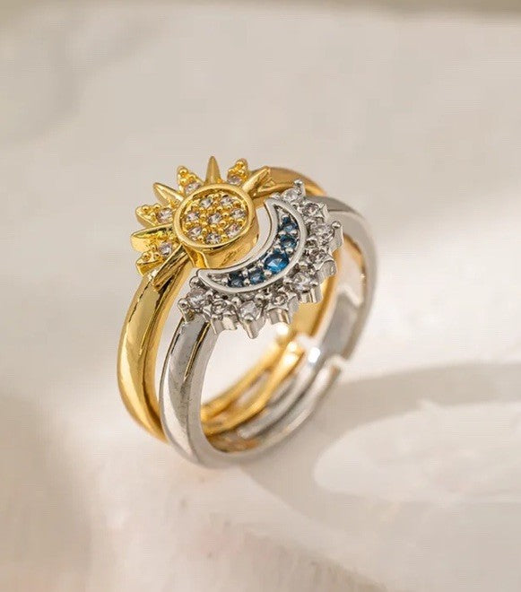 Sun and Moon Adjustable Rings Set Women’s 18K Gold Plated Celestial Jewelry